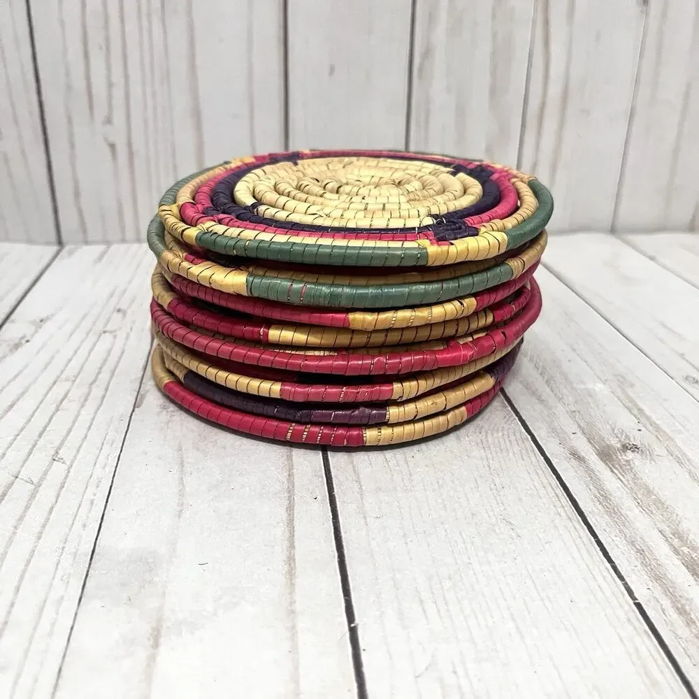 Vintage Handwoven Straw Coasters Set of 8 Boho Folk Art Woven Fiber 5”